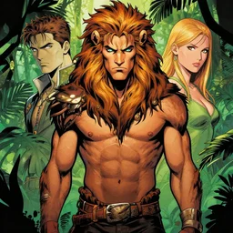 artgerm, joshua middleton and sandra chevrier comic cover art, full body handsome male jungle lord, matching eyes, tough, rim lighting, vivid colors