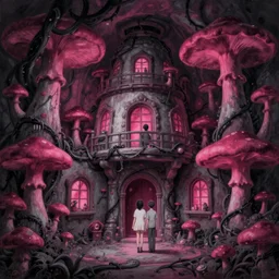 concept art painting of a interior of a fungal cozy alien fantasy fairytale house made of mushrooms, with black vines, realistic, detailed, cel shaded, magenta and gray, dark, in the style of makoto shinkai and greg rutkowski and james gurney