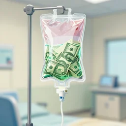 a hospital patient on a drip. the big drip bag is filled with liquid green dollar bills, digital illustration, detailed, artsy, talented