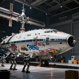 “in the hangar of a space station looking up at an immense transport frigate space cruiser with graffiti on its side. Several robots are working on the docked spaceship.”