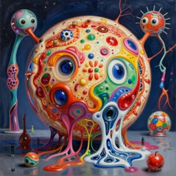 an extremely high quality hd surrealism painting of a 3 d perspective neon complimentary - colors cartoon surrealism melting sculpture gallery cast glass biological anatomical zaha hadid spherical pizza by a much more skilled version of kandinskypicasso and salvia dali the fourth, salvador dali's much much much much more talented painter cousin, 8 k, ultra realistic, very realistic, nerves, veins, neurons, 4 k
