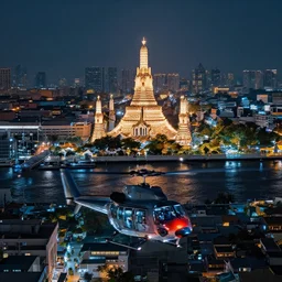 scifi bangkok cityscape. wide angle night photo. helicopter view. temple by river in background exaggerated detail. volumetric lighting. art by krenz cushart and wenjun lin and masamune shirow.