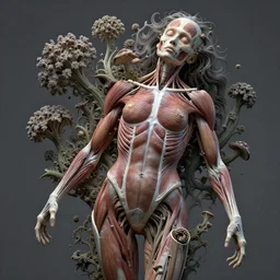 a beautiful detailed photo of a rotten woman corpse morphing into fractal plants and fractal flowers and mushrooms, muscles, veins, anatomical, intricate, ornate, volumetric light, beautiful lit, alex grey