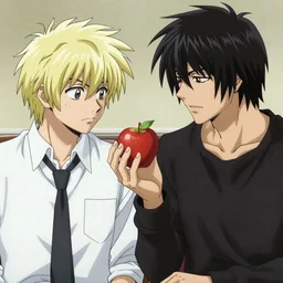 Light Yagami (Even Peters ) gives a red apple to Ryuk (Willem Dafoe) in Death Note live adaptation, Netflix series, adversitement
