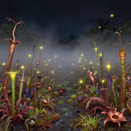 carnivorous plants bog fireflies night fog bioluminescence, by fiona staples and dustin nguyen, peter elson, alan bean, wangechi mutu, metallic colors, oxidized copper, led light, highly detailed and intricate, psychedelic, sharp focus,