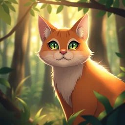 a portrait of a ginger cat with green eyes in the forest, trending on artstation, trending on furaffinity, digital art, by kawacy, anime, furry art, warm light, backlighting, cartoon, concept art