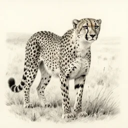 A pencil drawing of a cheetah in the tundra, highly detailed
