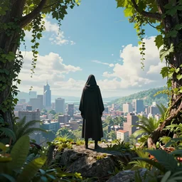 a cloaked figure looking toward the sky, standing on a cliff far above a city, overgrowth of foliage and vines, photorealistic, colorful, wide angle, 4 k, octane render