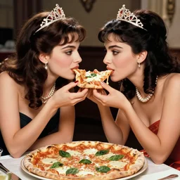 a highly detailed photo of two young beautiful women sitting at a long take sharing a pizza margherita, queen margherita of savoy and sophia loren, margherita with intricate tiara and pearl necklace, eyes interlocked, right angled view, smooth lighting, masterpiece, timeless, genious composition