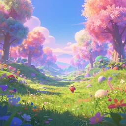 a gorgeous landscape in the style of thomas cole and pixar. enchanting, magical fairytale, psychedelic, irresistible, evokes a feeling of bliss, a state of pure happiness, joy and pleasure, smooth gradient cgi, ultrarealistic path tracing, trending on artstation