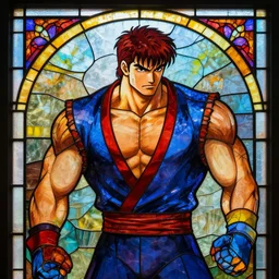 beautiful vibrant stained glass art of Guile from Street fighter, glass fragments can be seen
