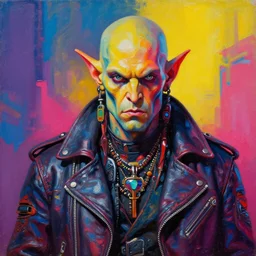 apocalyptic scifi orcish biker character standing for a professional photo, psychedelic vibrant colors, futuristic punk rock fashion, oil painting by michael whelan art, perfect face, sharp focus, detailed eyes, realistic, leather jacket, 8 k