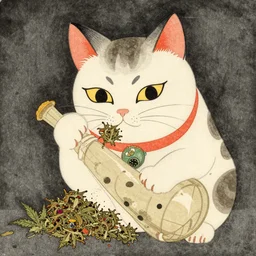 cat ripping a bong, japanese woodblock, classical japanese art, traditional japanese art, kitty, cat, neko, weed, marijuana, cannabis, highly detailed, beautiful colors, award winning, dark, gritty, ink and watercolor