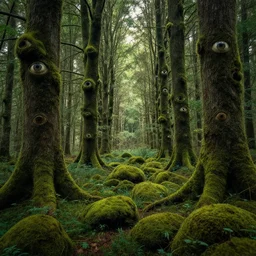 magical moss - covered forest glade. trees are covered in eyes, watching the viewer. light filtering through the canopy..
