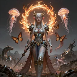 eldritch queen druid portrait tribal princess , on a battlefield, high tech, cyberpunk, dystopian, jellyfish phoenix dragon, butterfly squid, burning halo, intricate artwork by Conrad Roset and Brooke Shaden, very coherent symmetrical artwork, cinematic, hyper realism, high detail, octane render, unreal engine, 8k, Vibrant colors, Smooth gradients, High contrast, depth of field,