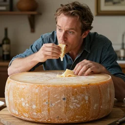 richard mottern eating a large wheel of cheese,