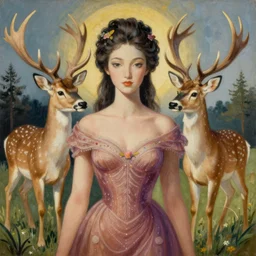 a beautiful painting of a woman called bambi in the style of laszlo moholy - nagy and noriyoshi ohrai, deer, trending on artstation, highly detailed, ultrarealistic, digital art