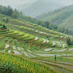 a beautifully rendered matte landscape painting of rice terraces, it is raining by andreas rocha and john howe and lee madgwick and pixar, 8 k, f 1 6, trending on artstation,