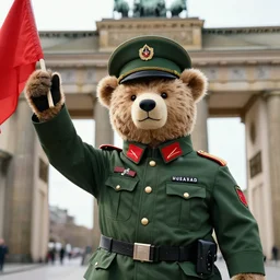 a portrait of a socialist bear in a green military uniform with a hat, waving a red flag in Berlin, 4K realistic, hyper detailed, cinematic lighting, wow factor, award winning photo