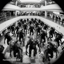 camera footage of a Hundreds of Rabid Zerg in an abandoned shopping mall, high exposure, dark, monochrome, camera,  grainy, CCTV, security camera footage, timestamp, zoomed in, fish-eye lens, Nightmare Fuel, Aliens, Evil, Zerg, Brood Spreading, Motion Blur, Hive, horrifying, lunging at camera :4