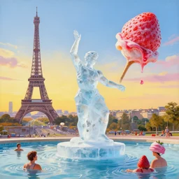 a painting of a dancing ice sculture like the eiffel tower in paris with melting strawberry ice cream on the skyline of paris on a very sunny bright summer sunset day, very hot and the ice is melting fast and people are swimming in the icecream in the style of james jean and botero - n 6
