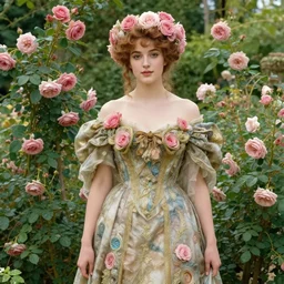 beautiful woman in the middle of a lush garden with roses in her hair and an intricate gown, art by gaston busierre,