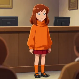 Stunning Real Life Scene of Velma Dinkley wearing her iconic orange sweater from Scooby Doo in court for falsely accusing someone of being a criminal by Greg Rutkowski. She has beautiful eyes, Velma is a teenage female, with chin-length auburn hair and freckles. She is somewhat obscured by her fashion choices, wearing a baggy, thick turtlenecked orange sweater, with a red skirt, knee length orange socks and black Mary Jane shoes. Soft render, Pixiv, artstation