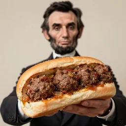 high quality color photo of abe lincoln holding out an extra meaty meatball sub towards the camera