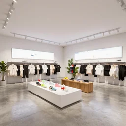 octane lumion corona. large nike boutique flagship retail. white walls. polished concrete floor. display tables with colorful shoes and varied clothes. bright digital screens on walls. low ceilings with downlights and spots. white corian and oak furniture. ( plants ) muted colors.
