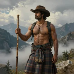 an ethereal dramatic painting of a handsome rugged shirtless desi hiker | he is wearing a plaid kilt and cowboy hat, and holding a wooden pole | background is mountains and clouds | homoerotic, dramatic lighting, realistic, highly detailed | by clyde aspevig, by paul cadmus, by bill ward, ( ( ( by greg rutkowski ) ) ) | trending on artstation