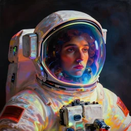 a baroque neoclassicist close - up portrait of a colorful retrofuturistic blacklight uv silhouette of an astronaut with transparent visor with reflective gradient being glowing fog in the background. renaissance portrait painting. highly detailed science fiction painting by norman rockwell, frank frazetta, and syd mead. rich colors, octane render, gloomy atmosphere. trending on artstation, award winning masterpiece