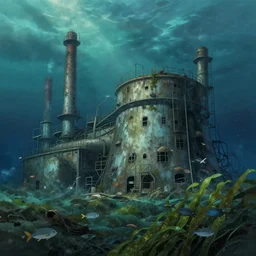 an old abandoned nuclear plant underwater, fishes, seaweed, in the style of studio ghibli, dramatic, fantasy lighting