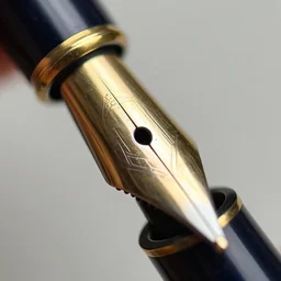 macro photo of a fountain pen nib, close up of a 2 4 k gold nib, ornate, highly detailed and intricate, covered in blue ink, high resolution macro photo