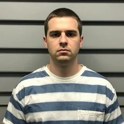 bottle headed man wearing striped prison clothing, jail mugshot