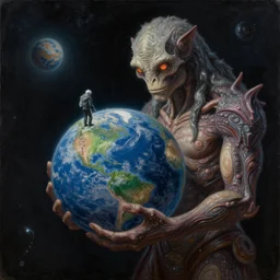Creature in space holding a planet made by Zdzislaw Beksinski, Jeffrey Smith and H.R. Giger, oil on canvas, 8k highly professionally detailed, trending on artstation