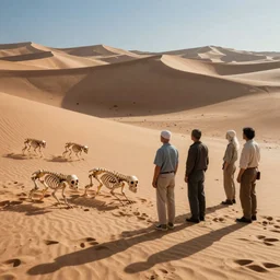 Humans finding a skeleton of an unknown species at the desert