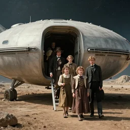 film still from a sci fi blockbuster movie made in 2022, set in 1860, of a family leaving a spaceship, that has just landed on an alien planet, wearing 1850s era clothes, good lighting, 4k, HD, in focus