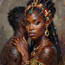 expressive oil painting, of alluring jamaican princess, smooth glowing skin, oiled body, stoic eyes, love, adoration, ornate headpiece of african beads, heavyily tattooed, glamour shot, by yoshitaka amano, by greg rutkowski, by jeremyg lipkinng, by artgerm, digital art, octane render