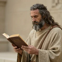 an ancient priest is looking at the book of life and death