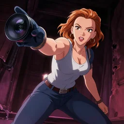 scarlett johansson as stinkmeaner from the boondocks anime, greg rutkowski dynamic wide angle lens, dramatic lighting,