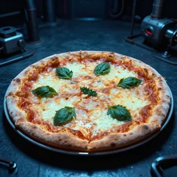 pizza aspic in cyberspace, in 1 9 8 5, food photography, y 2 k cybercore, industrial low - light photography, still from a ridley scott movie