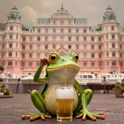 a high resolution cinematic medium shot professional photo of frog drinking beer, from the grand budapest hotel, in style of wes anderson.