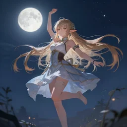 digital painting of a long hair anime lady ELF dancing in the moonlight l Trending on Pixiv