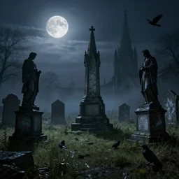 memorial statues in an old abandoned gothic cemetery at night under the moonlight, overgrown grass, dramatic, ravens, gloomy, volumetric light, ground mist, featured on art station