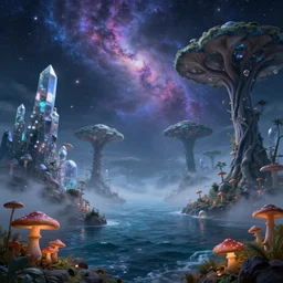 mushrooms, archipelago, alien world, nebula, ocean, storm, crystal mountains, sculptural trees, vast dragon trees, banyans, transparent domes, stars, fog, trending on artstation, by pixar, cg render, roger dean, pascal blanche,