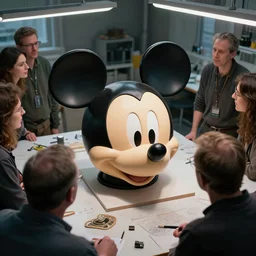 several people in workshop looking at the head of mickey mouse, made by beeple, cgsociety, artgerm, greg rutkowski, highly detailed intricate 8 k art, low light cinematic, 2 4 mm lens, | upper view | close distance |