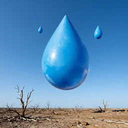 very big raindrops floating in a cloudless sunny sky above dead land, hyper detailed photorealistic, saturated colors