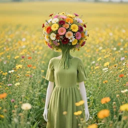 human figure standing in a flower field, head of flowers