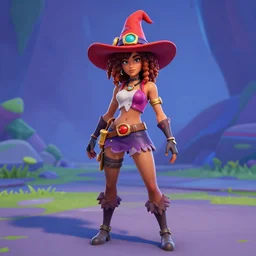 a curly haired female pyromancer wearing a red wizard hat as a fortnite character, screenshot from fortnite, 3 d unreal engine render