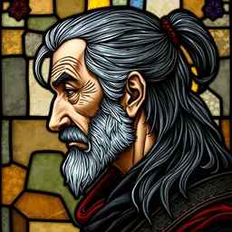 detailed side - view portrait of vesemir, a very old witcher, dark grey hair, half ponytail, clean shaven, small mustache, stained glass art, by alphonse mucha, masterful